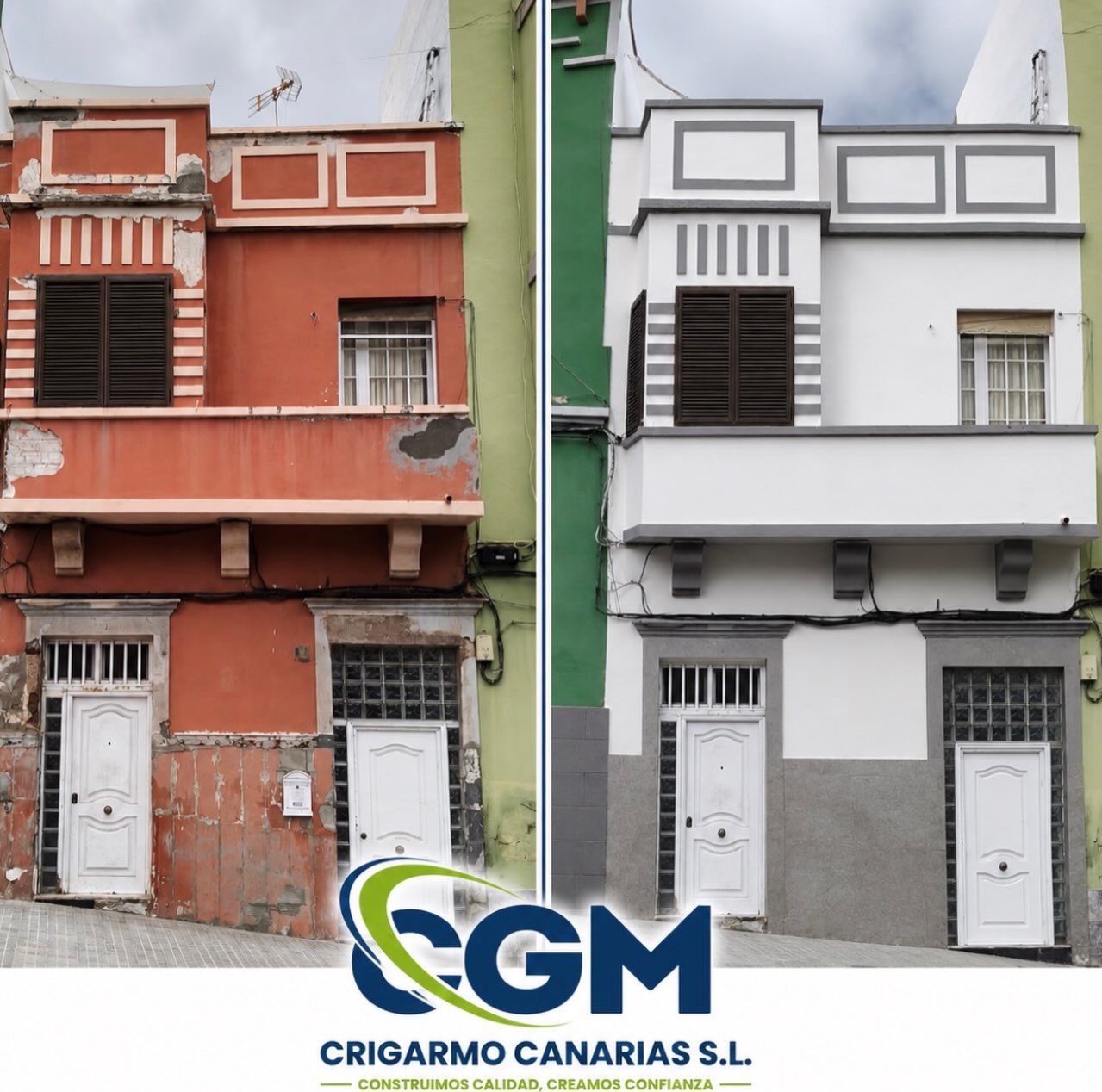 Antes y después de la rehabilitación de una fachada de vivienda realizada por CRIGARMO CANARIAS en Gran Canaria.